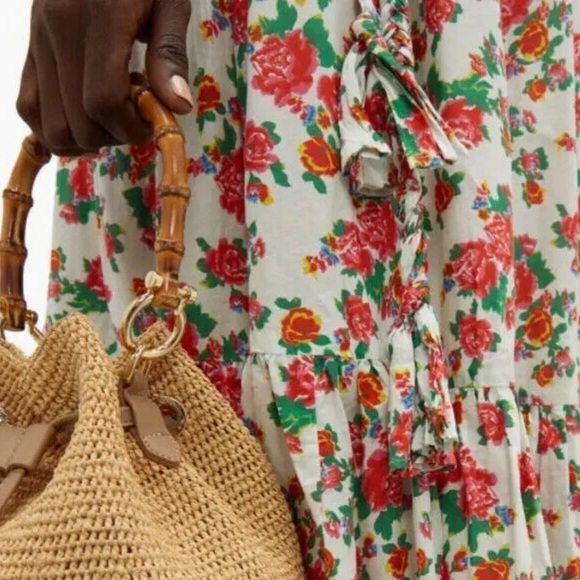 RHODE Lea Gathered Cotton Poplin Tiered Tie-Waist Midi Dress Floral White Dazzle - Picture 5 of 13